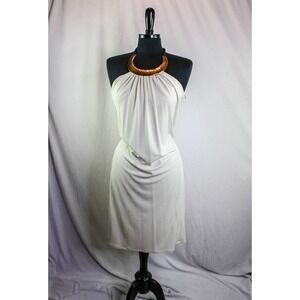 Josie Natori Dress Cream White Gold Tone Metal Neckline Size XS